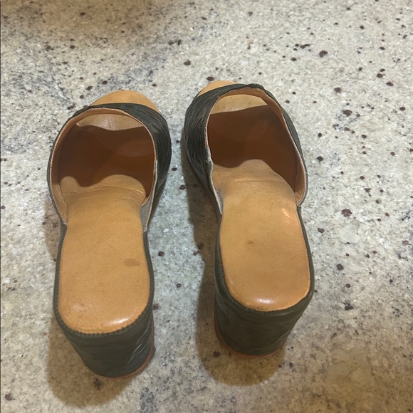 Forest Green Embossed Leather Wedge Slide Sandals - Picture 3 of 4